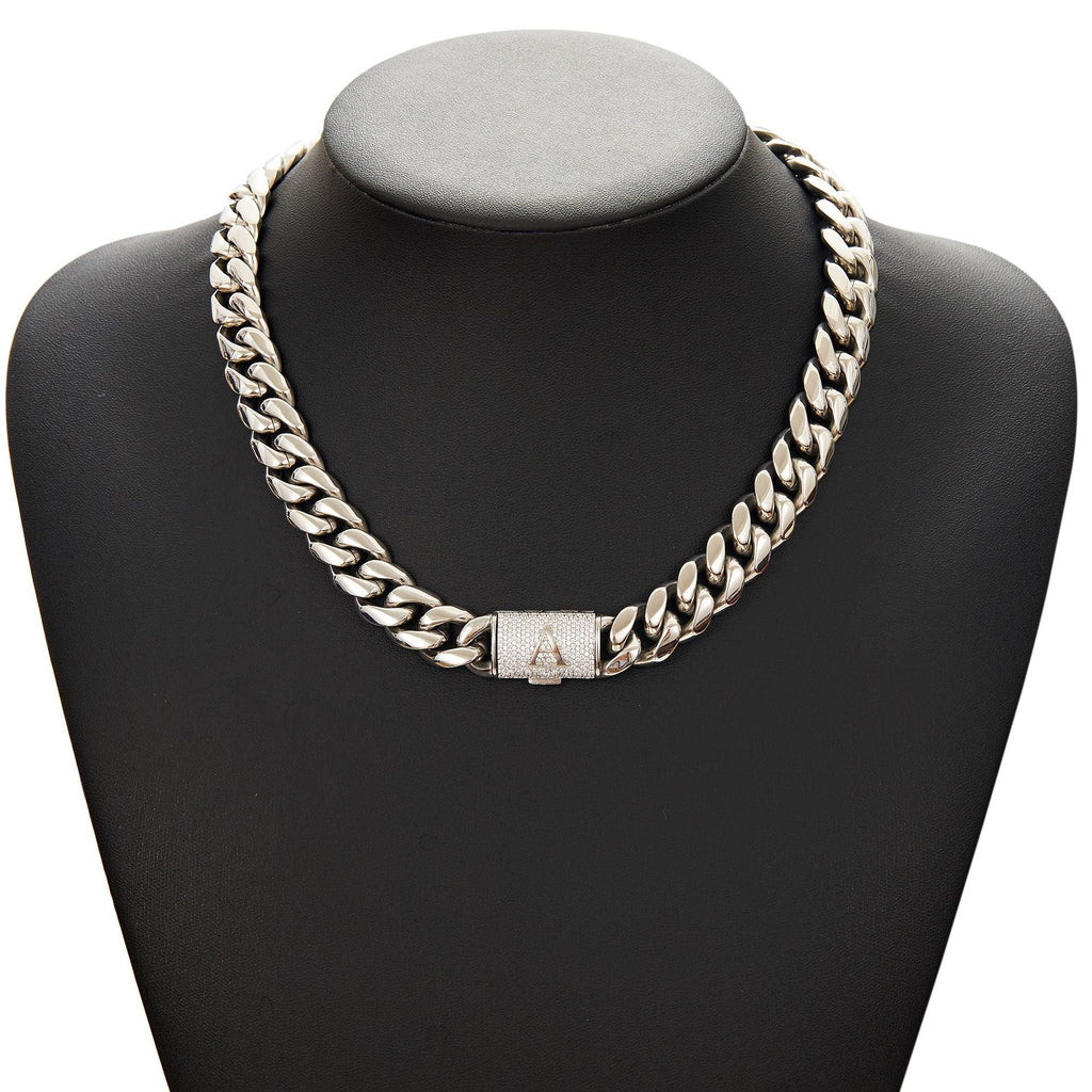Mens Hip-Hop Lettered Snap-Clasp Encrypted Chain Cuban Link Steel-Colored Necklace