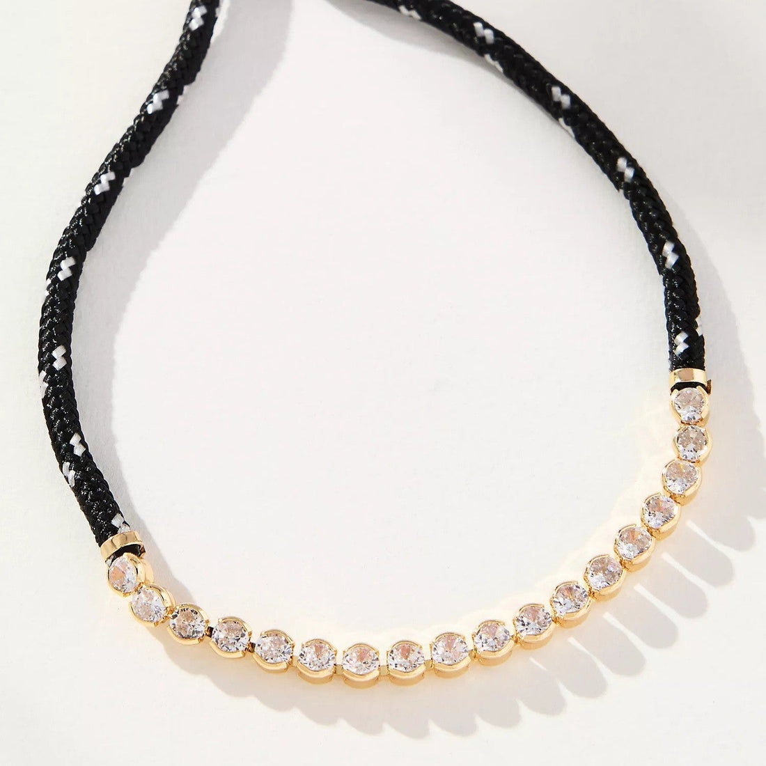 Off-white Brown-striped Woven Necklace with Diamond-encrusted Chain