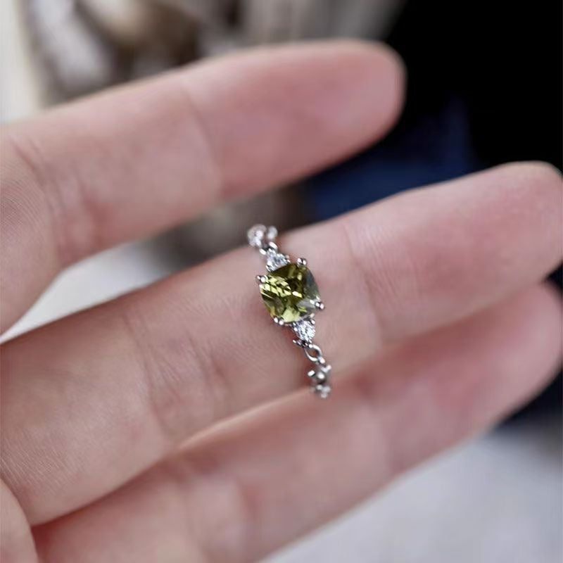 Minimalist Olive Green Gemstone Open Ring, Dainty Silver Jewelry For Women