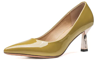 Women's Pointed Toe Patent Heels with Metallic Sculpted Heel