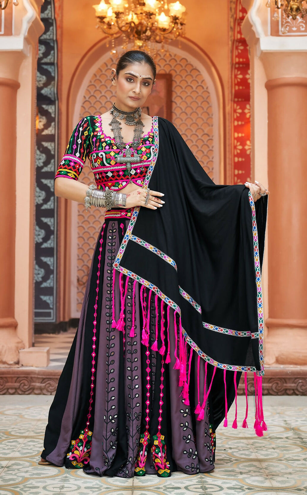 Multi-color viscose rayon lehenga choli with black blouse and matching dupatta