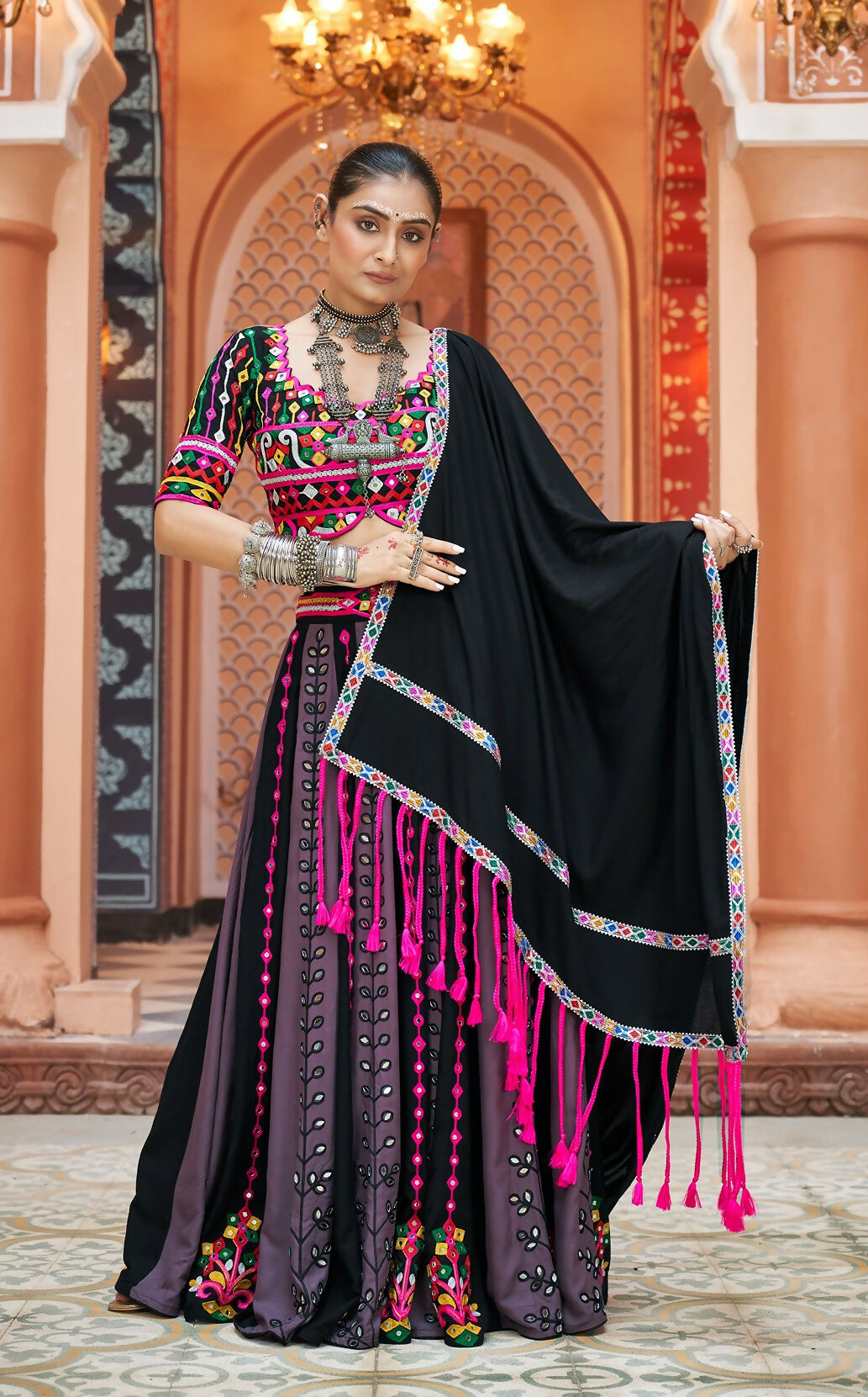 Multi-color viscose rayon lehenga choli with black blouse and matching dupatta