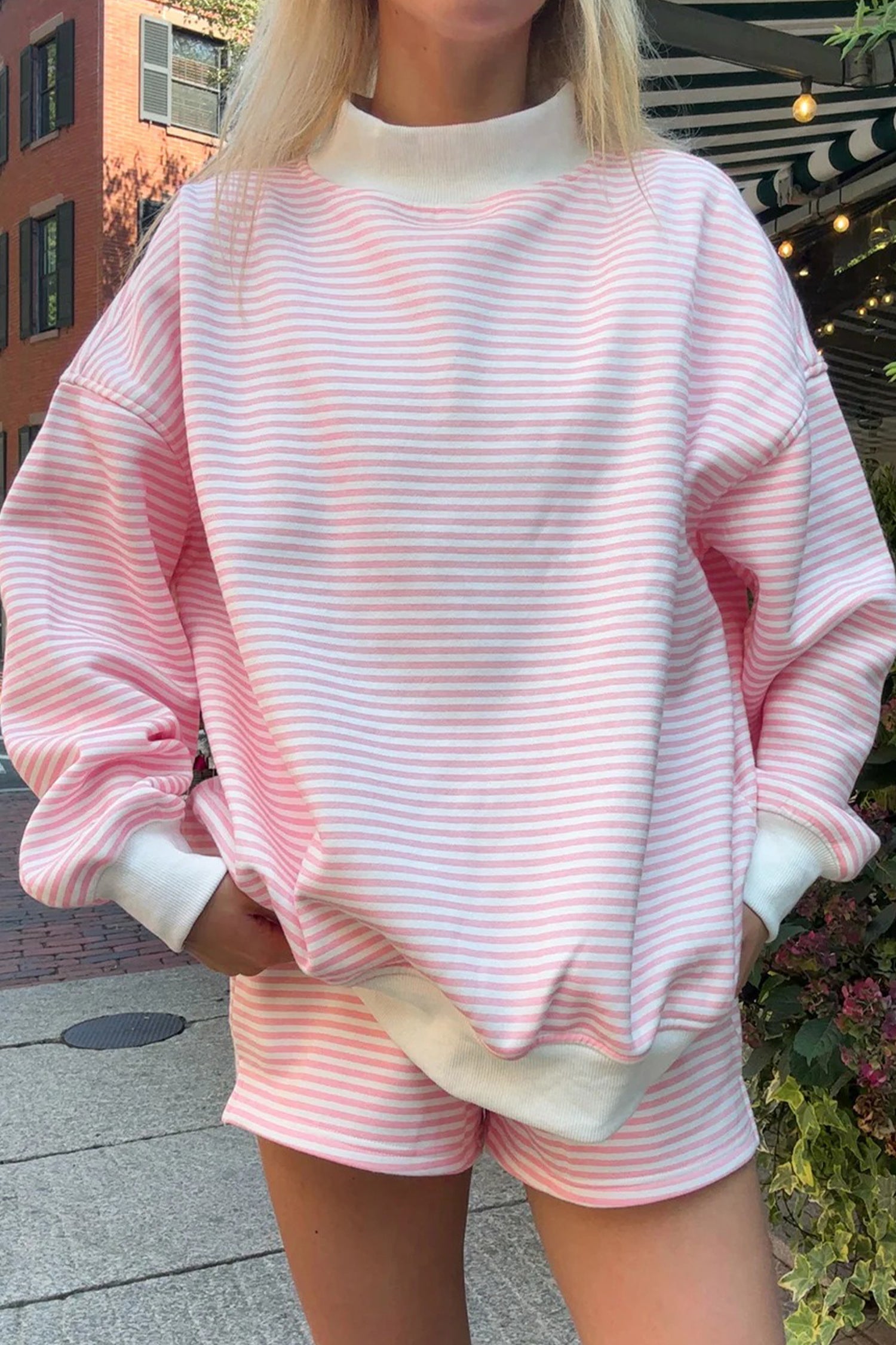Pink Stripe Oversize Mock Neck Sweatshirt & Shorts Set