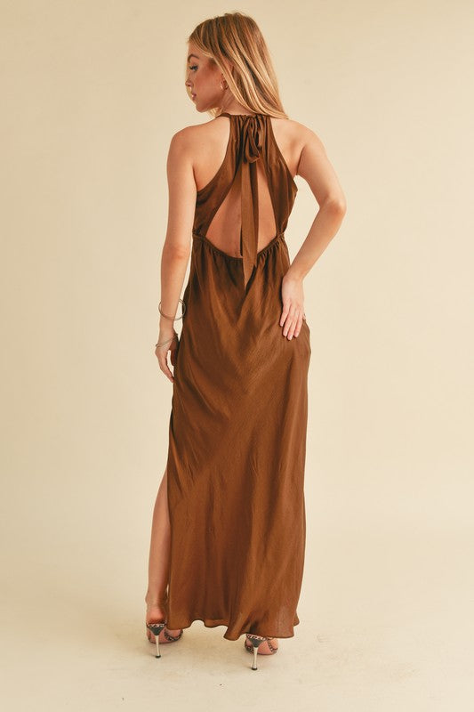 Ruched Side Slit Cutout Back Maxi Cami Dress
