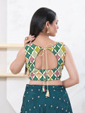Green Bandhani print sleeveless blouse with boat neck