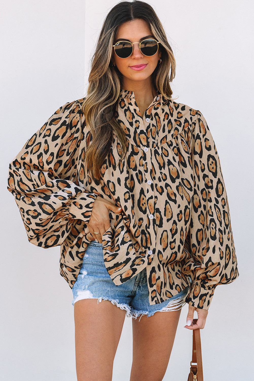 Light Beige Leopard Print Oversized Balloon Sleeve Shirt