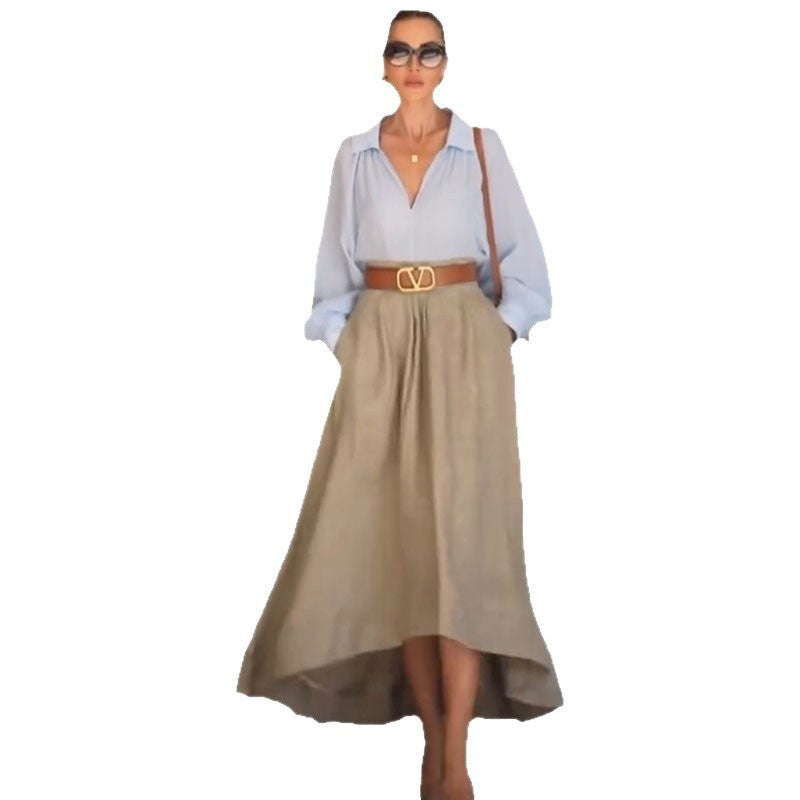 Minimalist A-Line Middle Length Skirt in Light Khaki