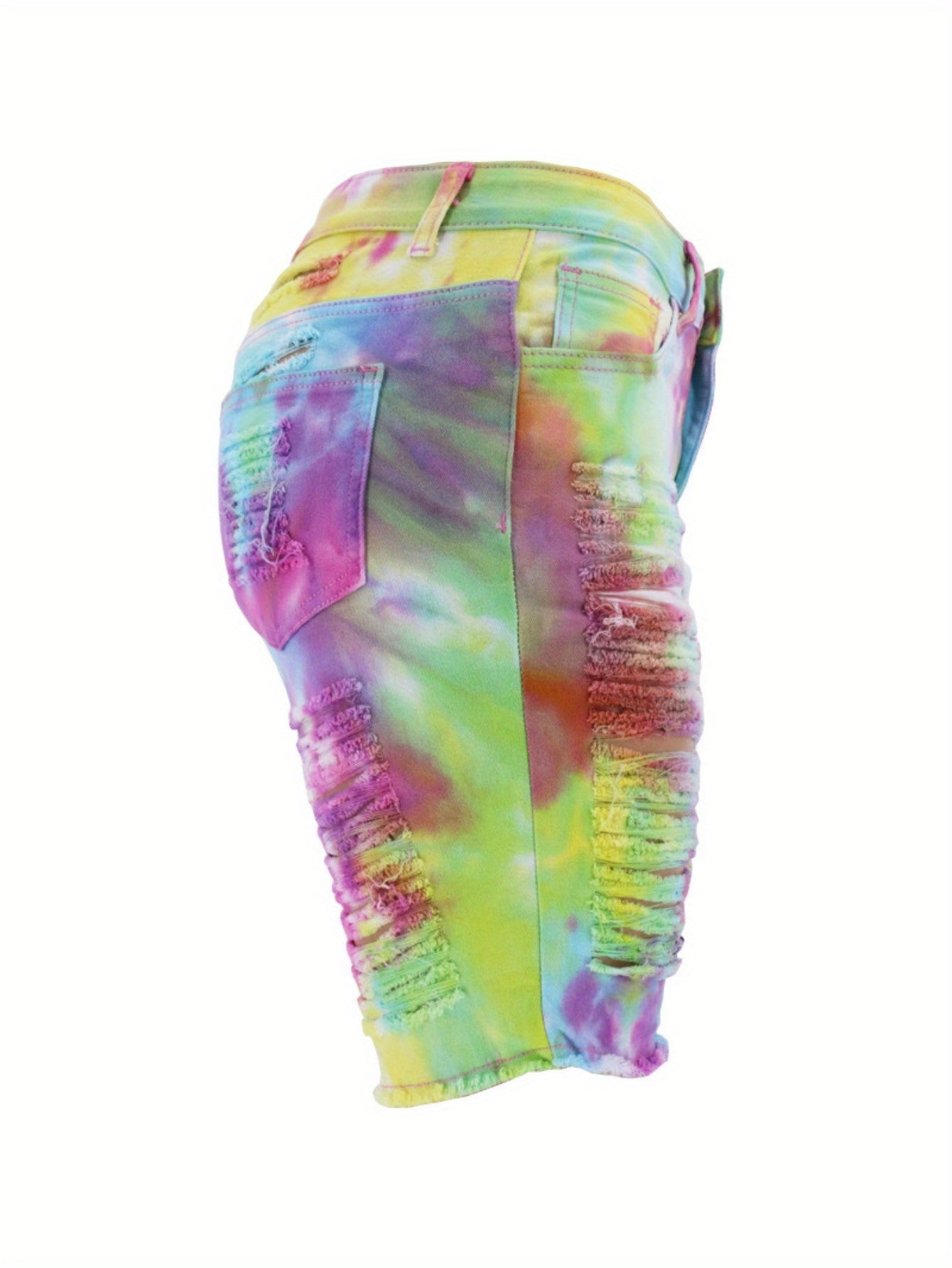 Women High Waist Tie-Dye Distressed Denim Mid-Length Shorts - Image 2