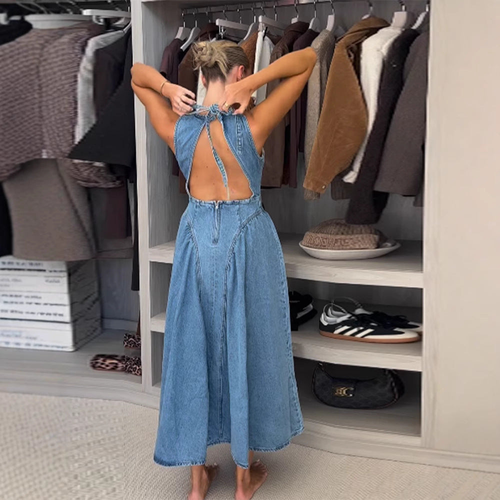 Women's High Waisted Blue Denim Maxi Skirt with Lace Up Detail