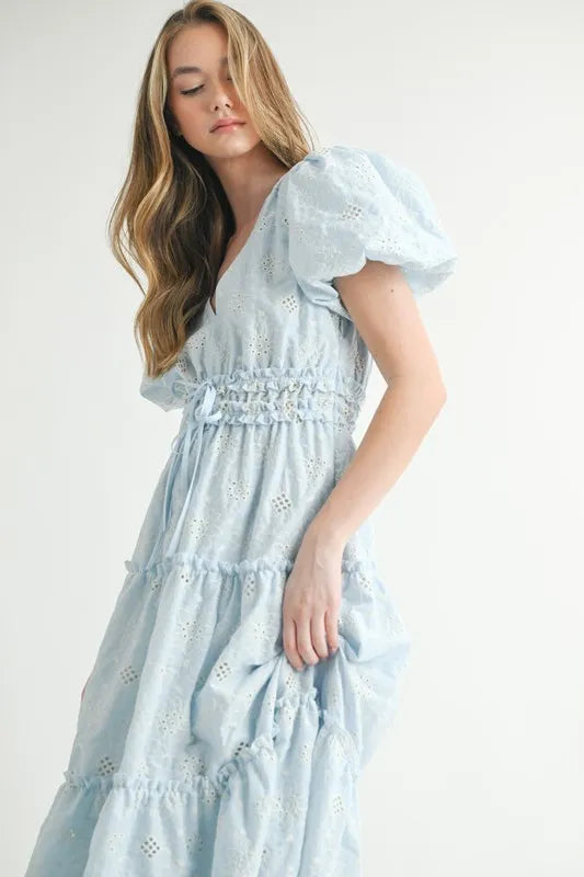 Eyelet Lace Puff Sleeve V-Neck Midi Dress