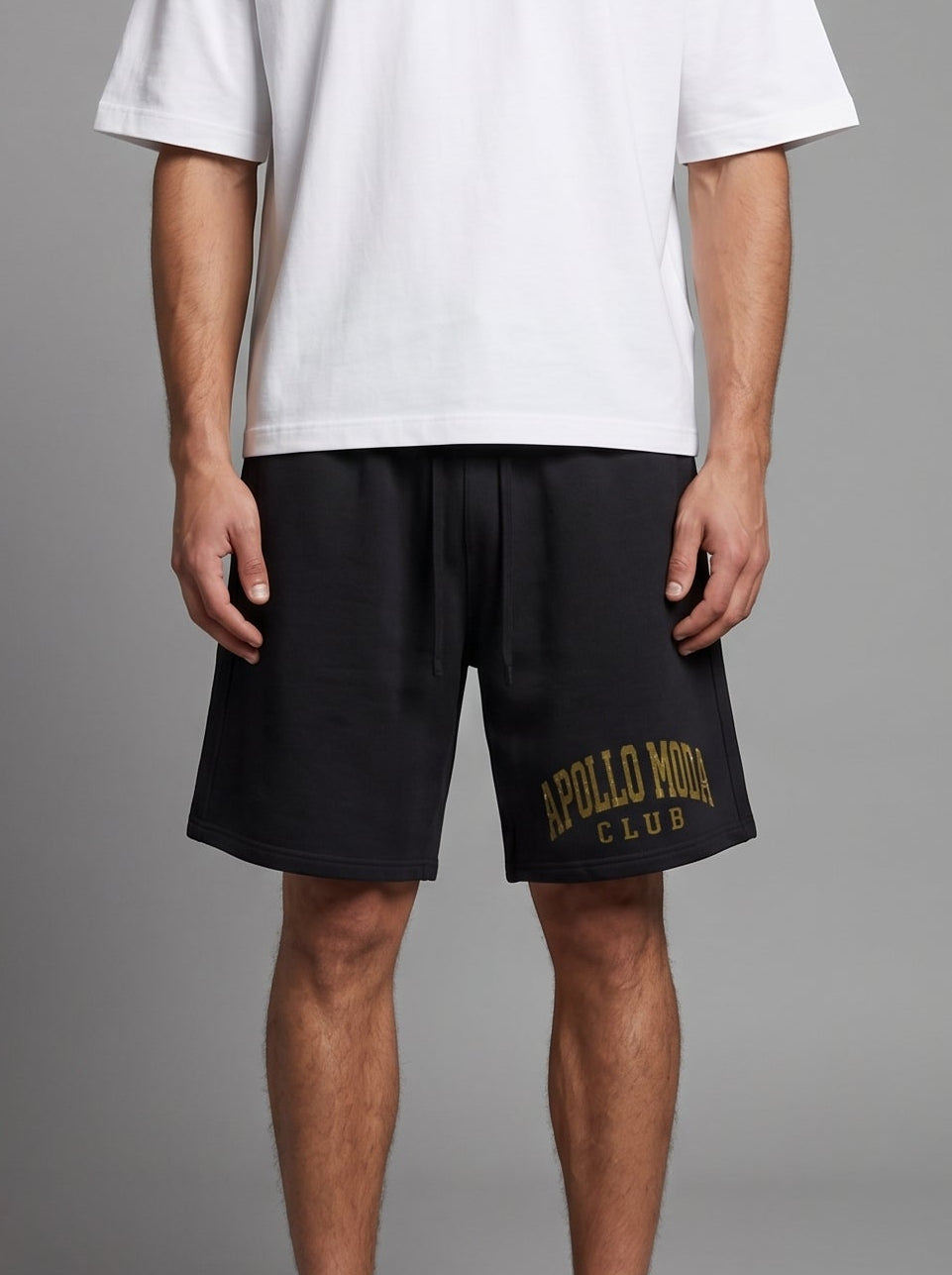 Men's relaxed fit heavyweight cotton sweat shorts in solid black and gold colors
