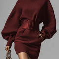 Women’s Brown Waffle Knit Long Sleeve Mini Dress with Belt