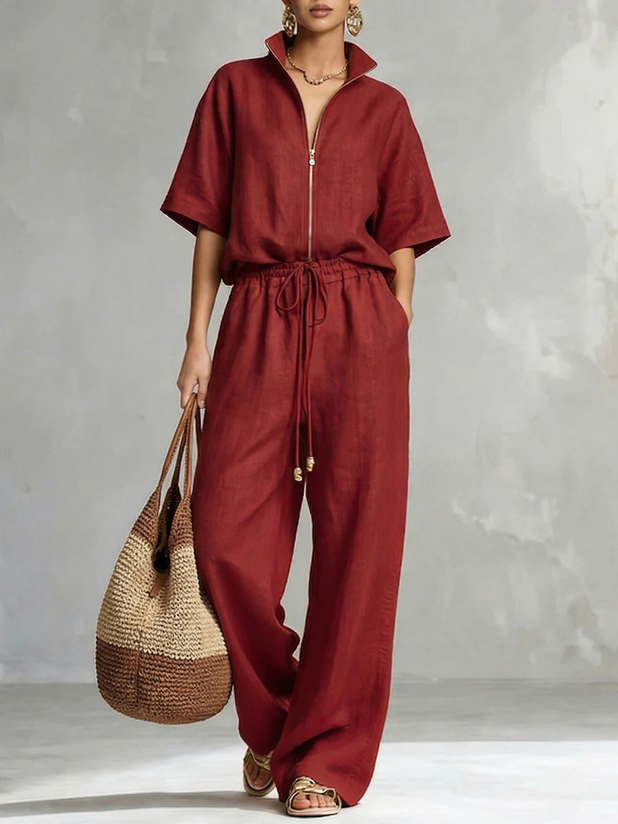 Women's Zip-Front Short Sleeve Top and Wide-Leg Pants Set - Image 10