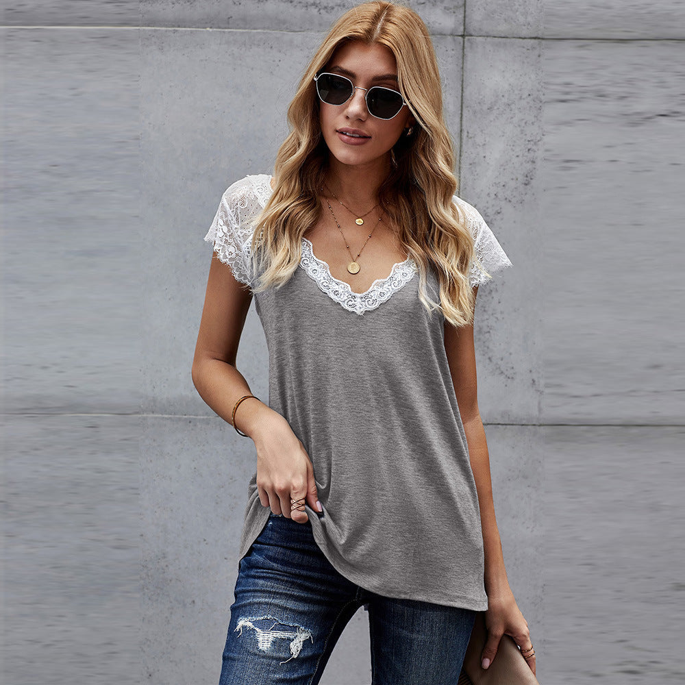 Women's Lace Knit Vest Top  European Style V-Neck T-Shirt