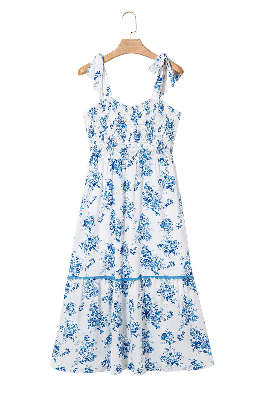 Sky Blue Floral Shirred Knot Shoulder Sleeveless Dress