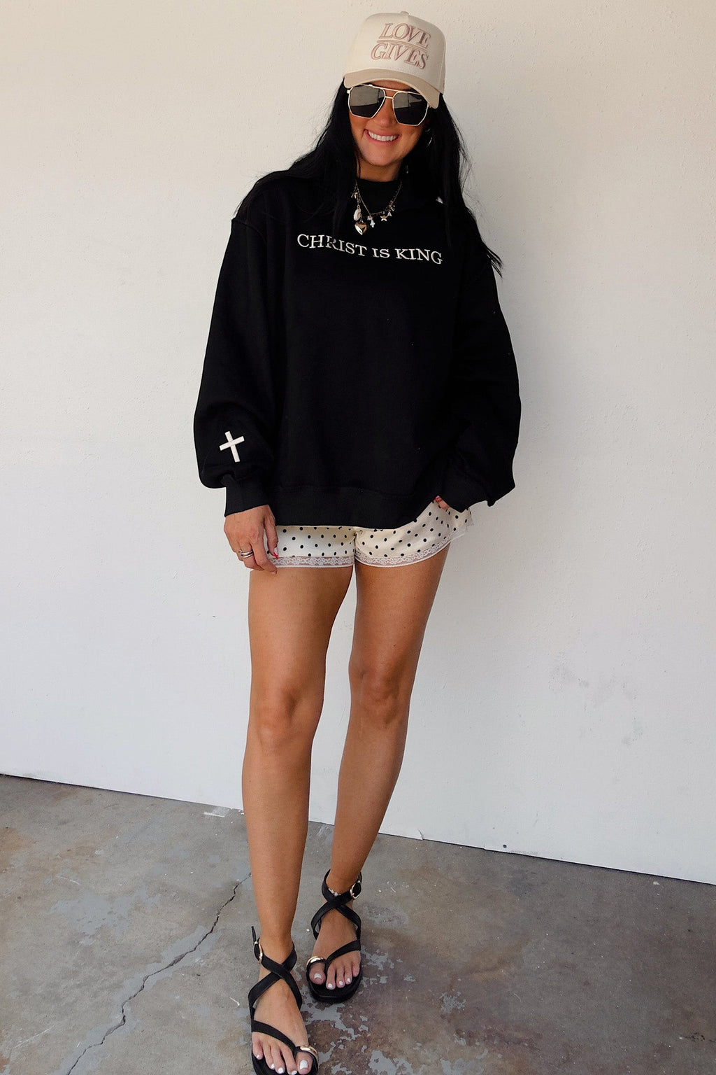 Beige CHRIST IS KING Embroidery High Neck Baggy Sweatshirt