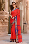 A beautiful Red & Blue cotton saree for women, featuring a vibrant color contrast and matching blouse.