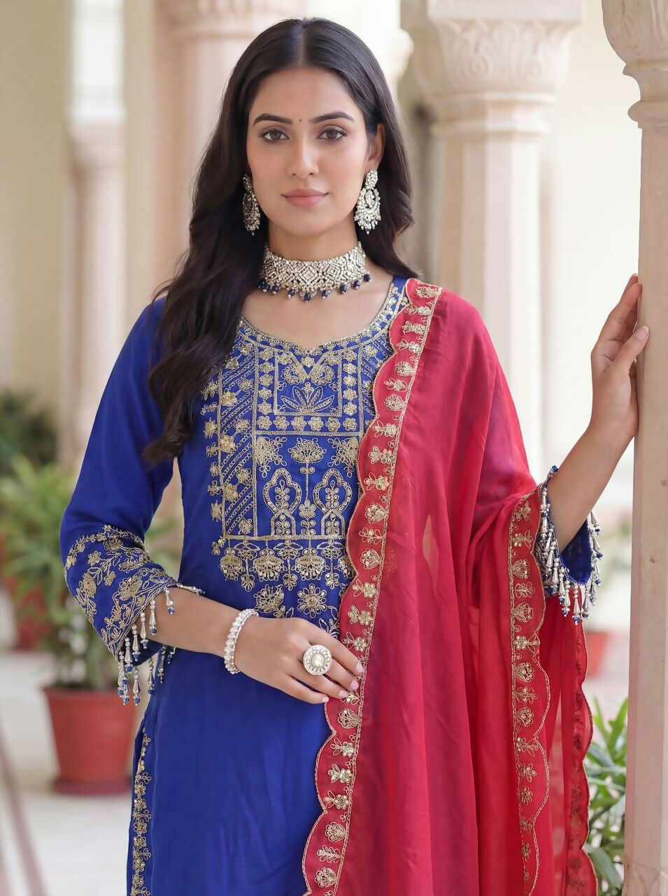 Blue Silk Embroidered Sharara Set for Traditional Occasions