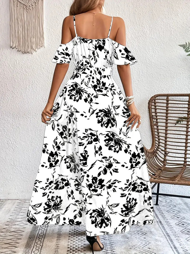 Floral Off-Shoulder A-Line Split Maxi Dress with Waist Belt