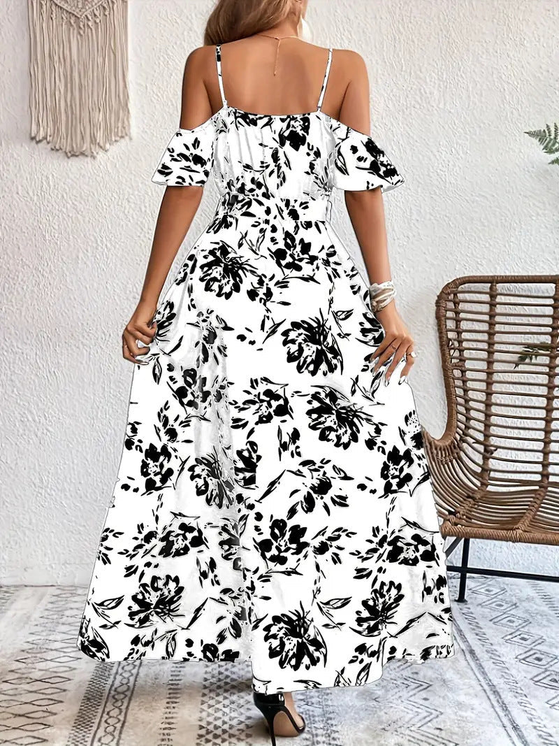 Floral Off-Shoulder A-Line Split Maxi Dress with Waist Belt