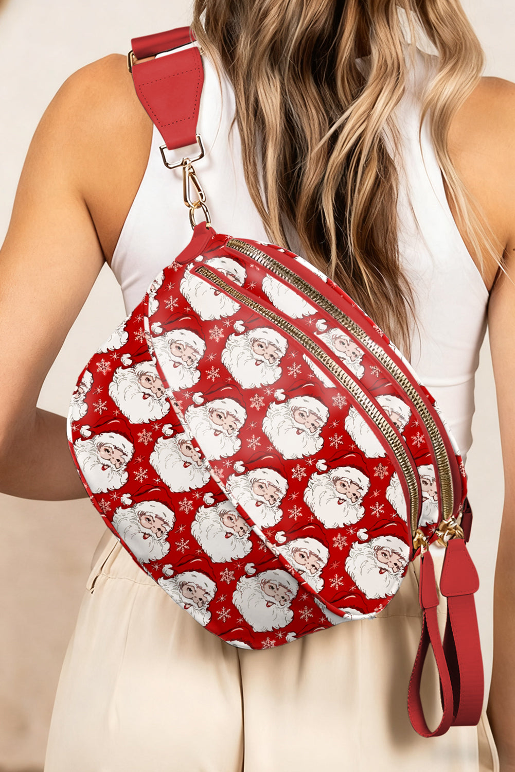 White HO HO HO Print Double Zip Crossbody Bag