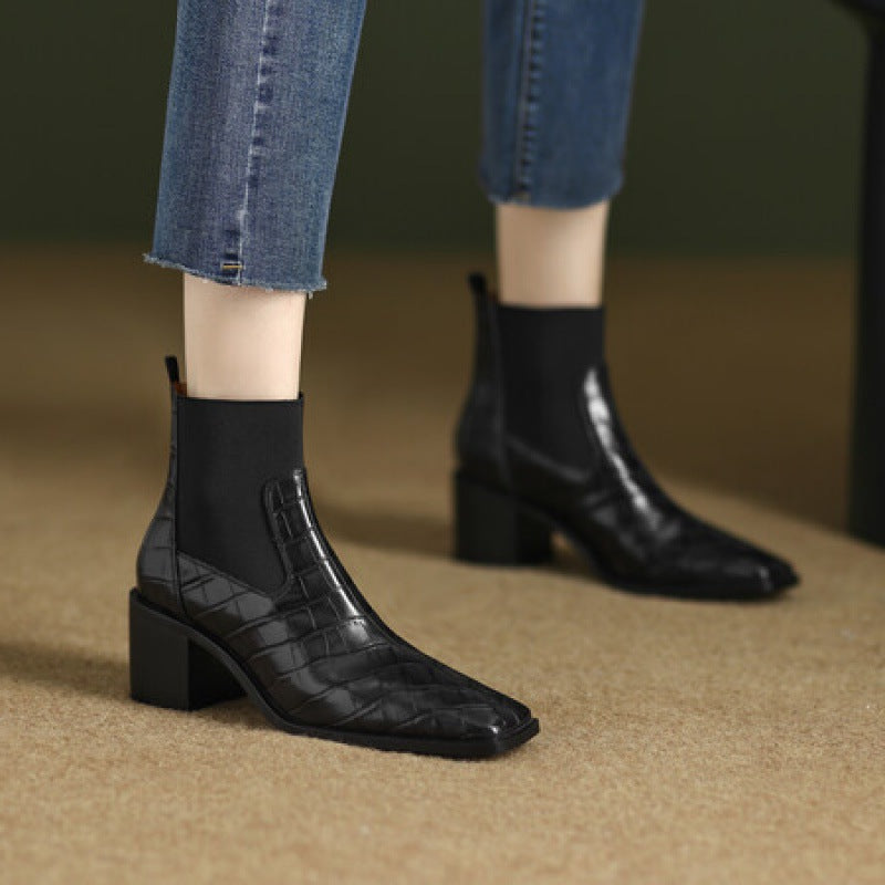 Brown Croc Embossed Square Toe Ankle Boots with Chunky Heel - Image 4