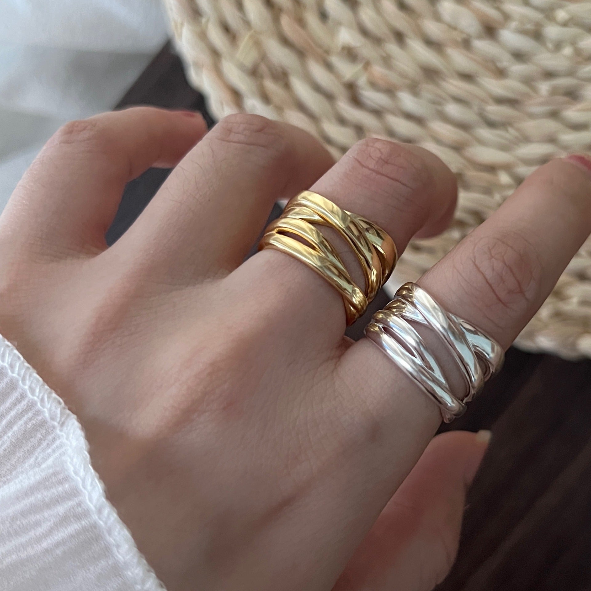 S925 Sterling Silver Heavy Craft Irregular Cross Line Ring, Multi-Layer Niche Silver Jewelry For Women, INS Style Band