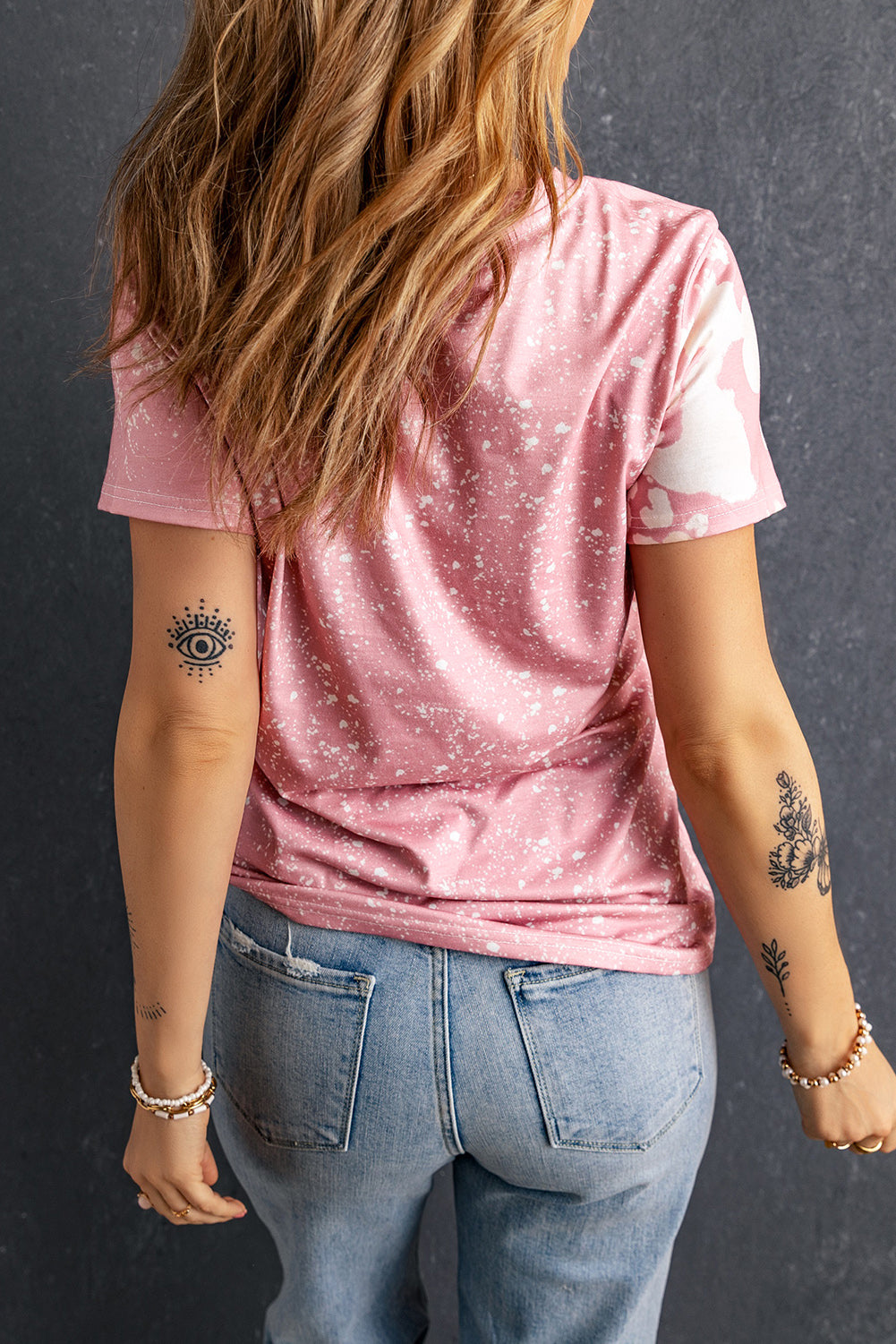 Women's Pink and White Tie Dye Bleached Short Sleeve T-Shirt