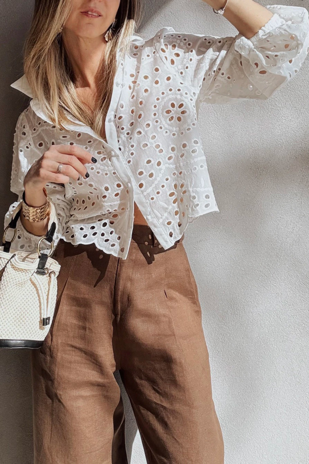 Eyelet Embroidered Puff Sleeve Cropped Cotton Shirt