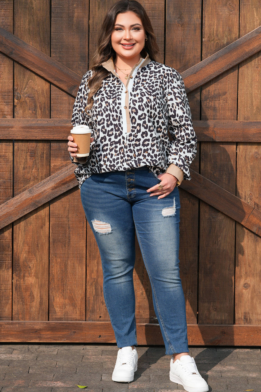 Plus Size Leopard Contrast Trim Half Button Top