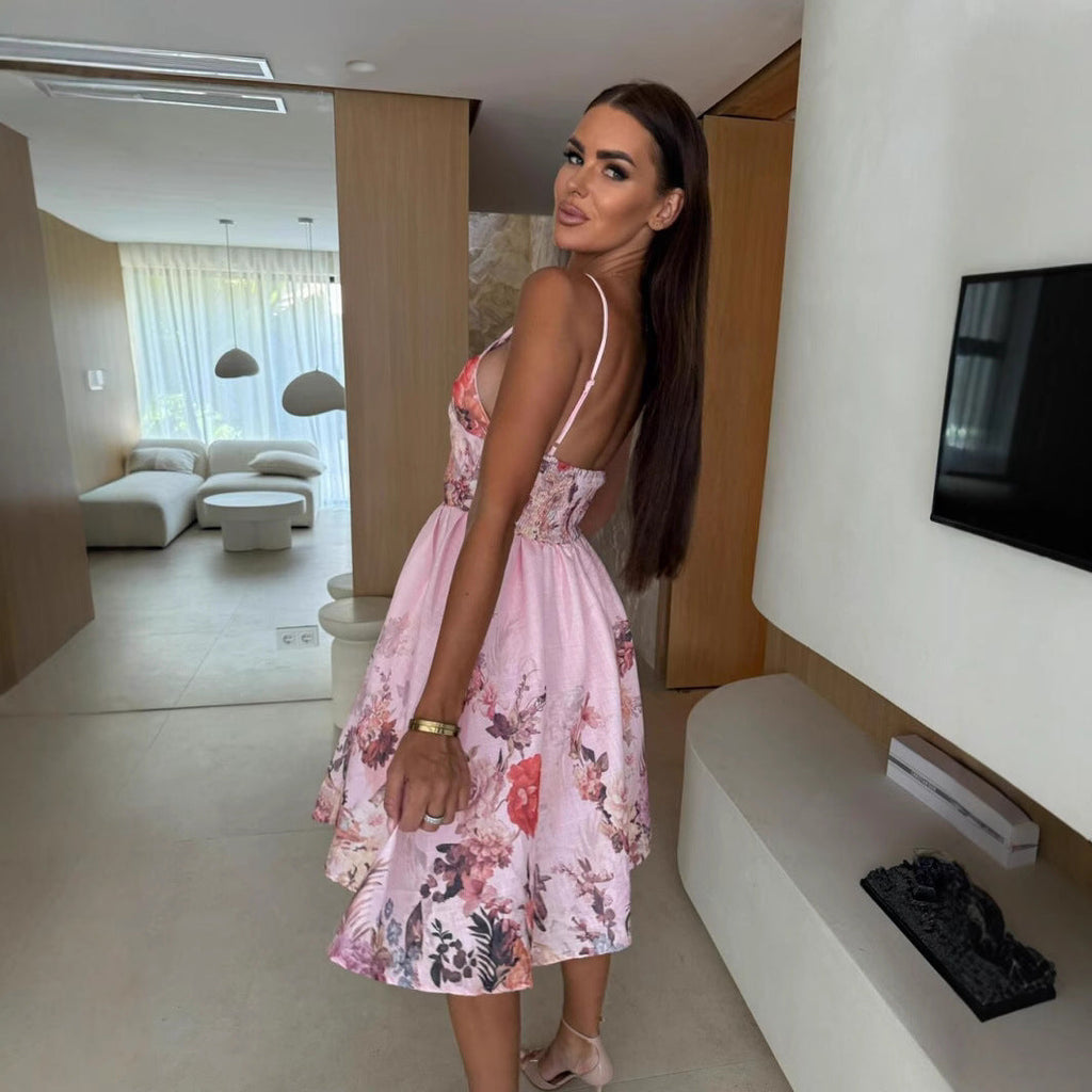 Women's Pink Floral Print Strap Mini Dress Slim Fit Occasion - Image 4