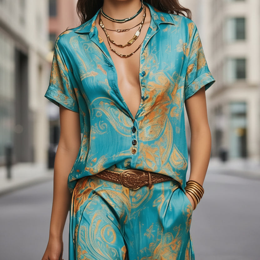Blue and Orange Bohemian Print Two-Piece Resort Shirt and Pants - Image 5