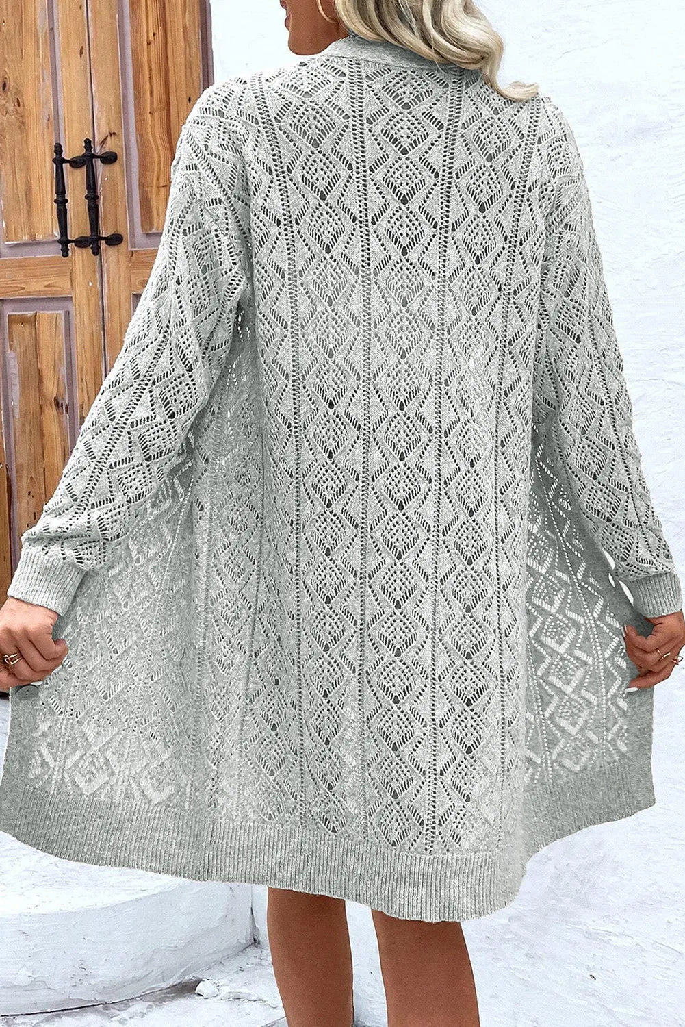 Women's Grey Openwork Knit Long Sleeve Button Down Cardigan - Image 4