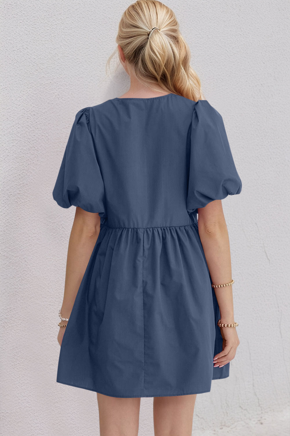 Ruched Puff Sleeve Mini Dress with Bow Detail