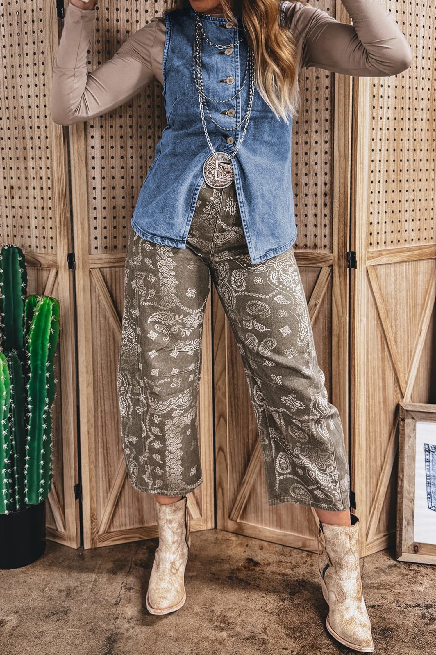 Denim Button Front Slit Sleeveless Vest Top