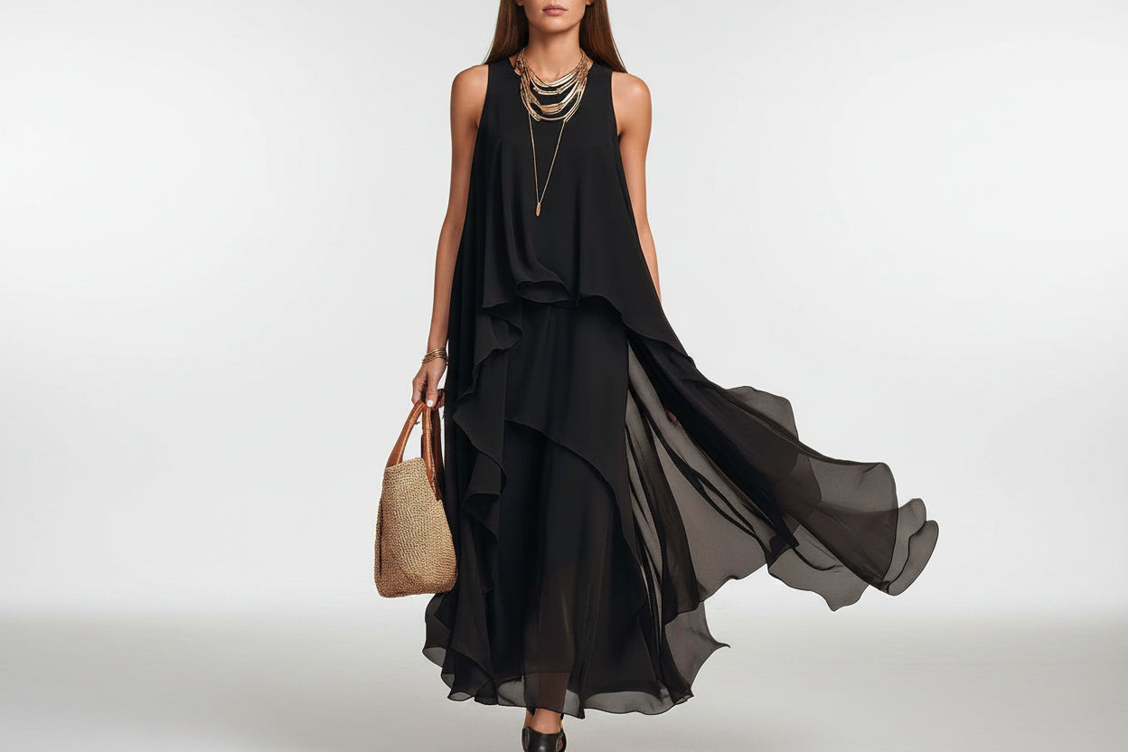 Black Asymmetrical Ruffle Chiffon Sleeveless Maxi Dress - Image 5