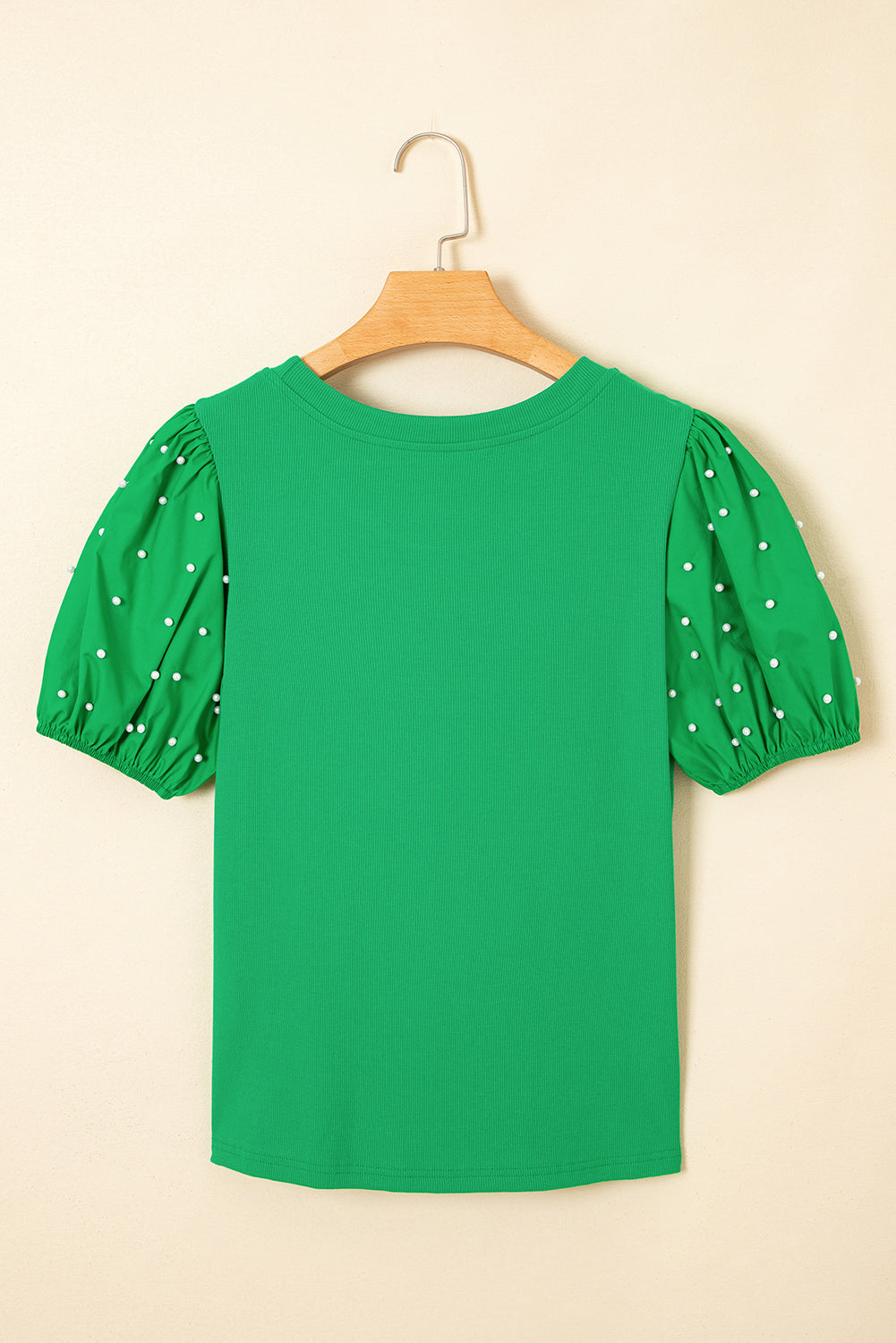 Pearl Beaded Puff Sleeve Ribbed Knit Top in Green and White
