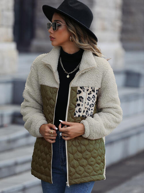 Women's Leopard Color Block Zip-Up Jacket