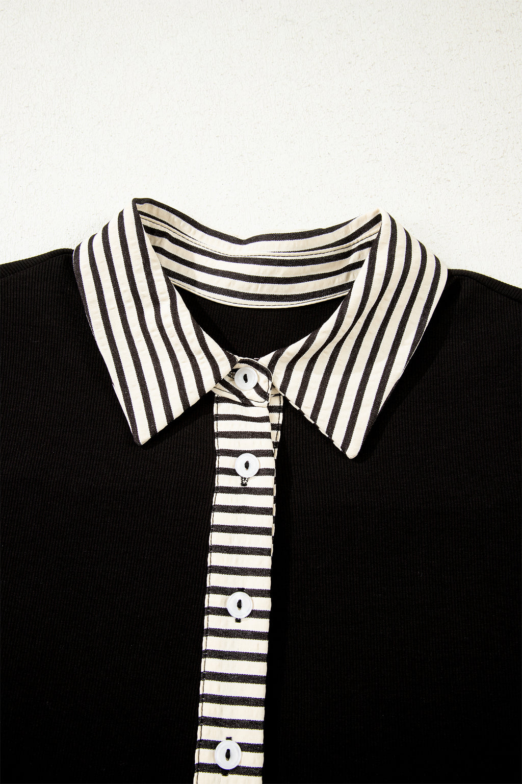 Black Stripe Detail Polo Collar Half Buttons Tied Short Sleeve Shift Mini Dress