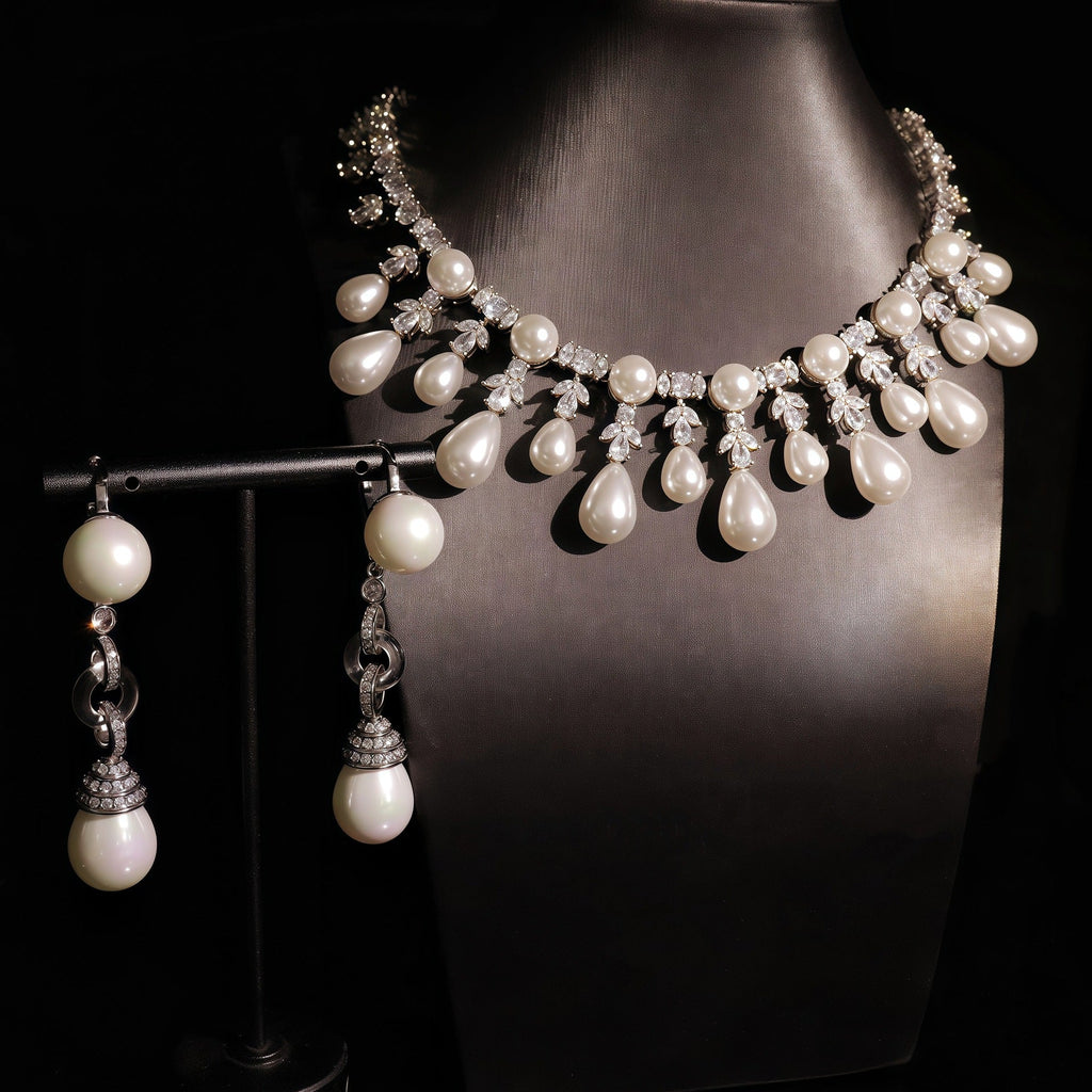 Chic Clavicle-Length Necklace And Gold-Plated Zircon Pearl Earrings Jewelry Set