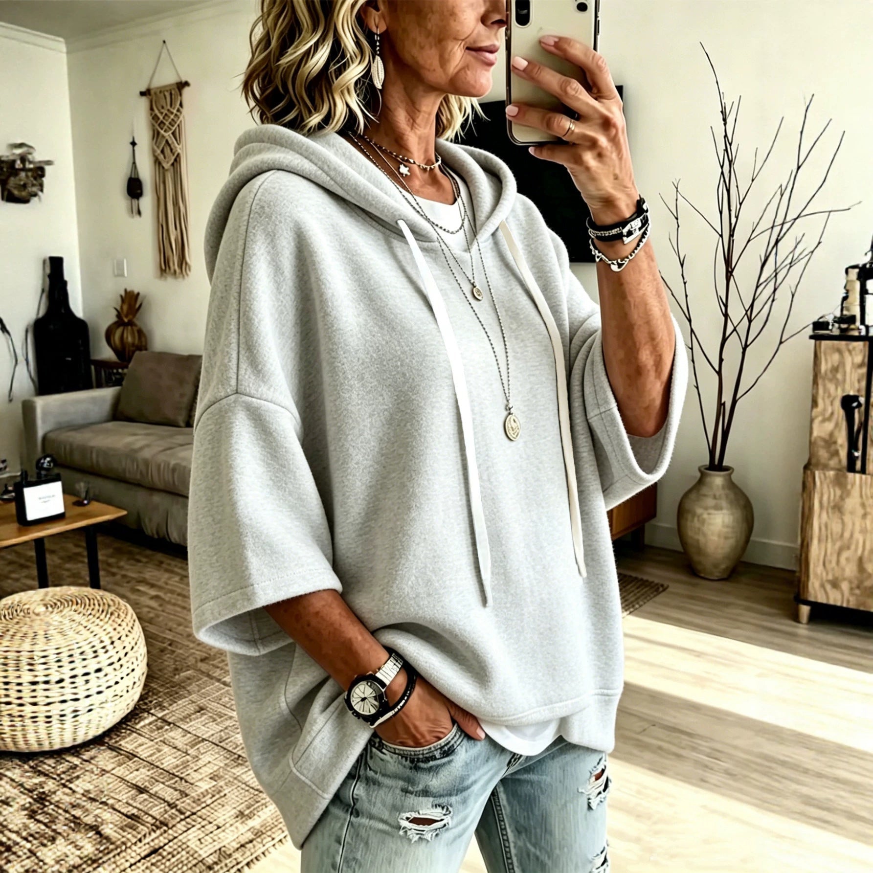 Women's Oversized Batwing Sleeve Hoodie – Loose Fleece Pullover