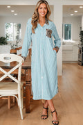 Sky Blue Stripe Leopard Patchwork Cotton Shirt Dress