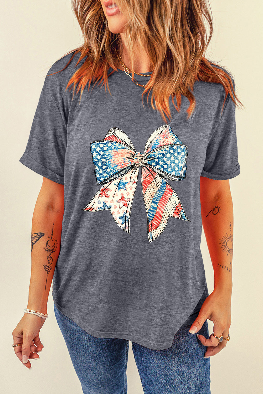 Gray USA Flag Bow Print Round Neck Loose T-Shirt