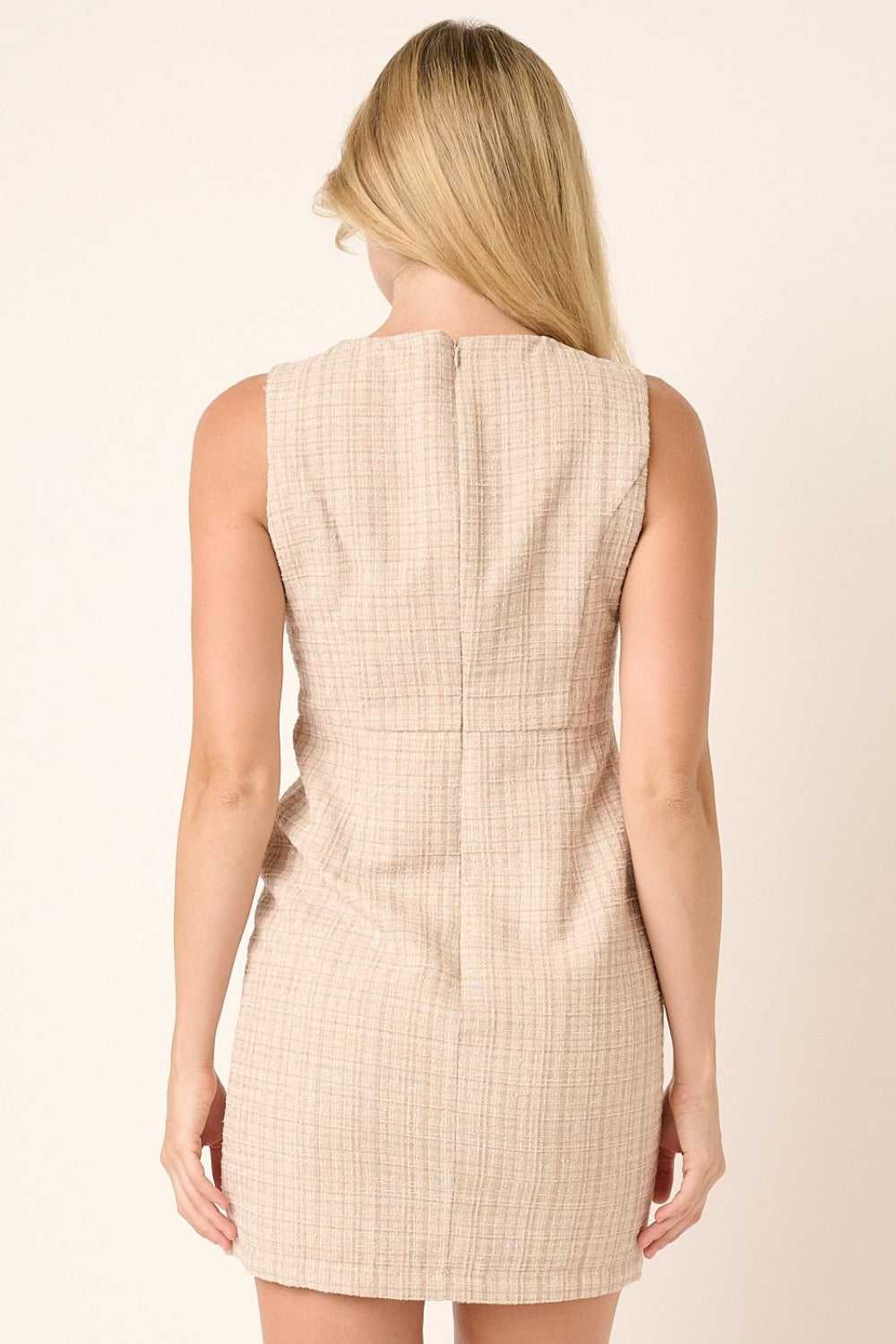 Textured Tweed Sleeveless Mini Dress in Beige and Cream