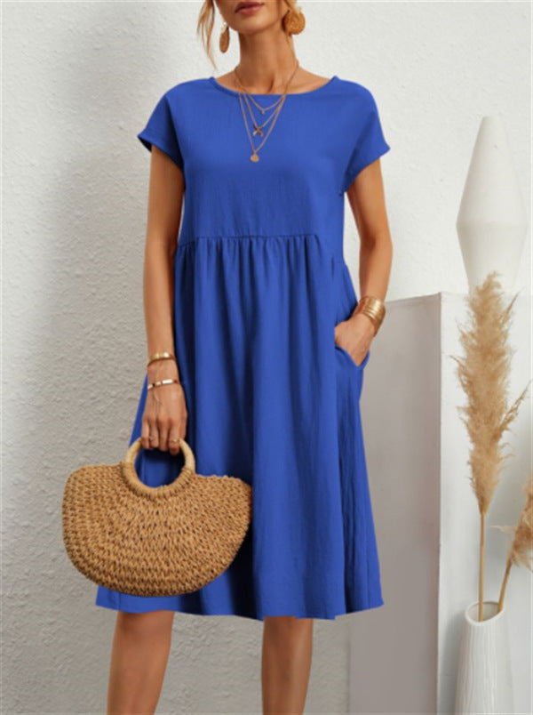 Cotton Blend Round Neck A-Line Skirt Dress