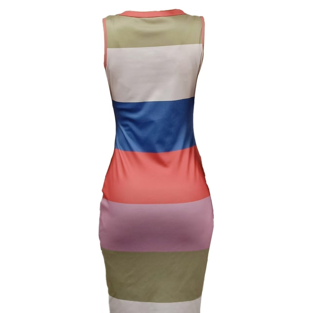 Women's Color-Blocked Striped Sleeveless Bodycon Midi Dress