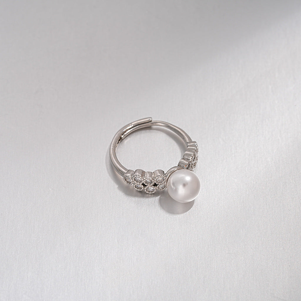 Women Open Adjustable Ring,French Retro Shiny Cubic Zirconia Pearl Inlaid Finger Ring,Niche Delicate Versatile Fashion Index Finger Jewelry