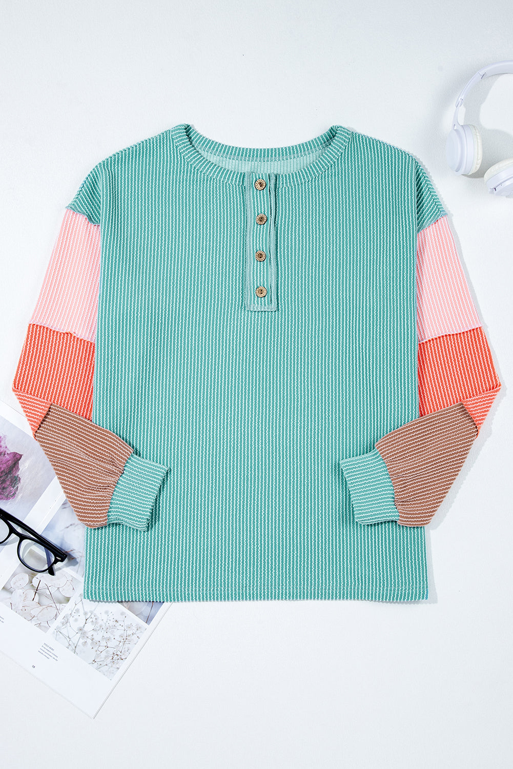 Colorblock Corded Knit Long Sleeve Henley Top