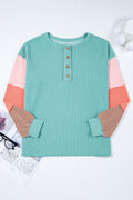 Colorblock Corded Knit Long Sleeve Henley Top