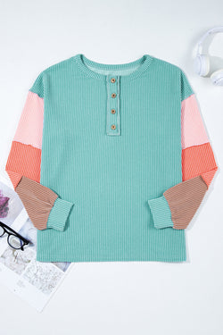 Colorblock Corded Knit Long Sleeve Henley Top